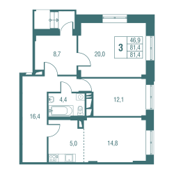 Трёхкомнатная квартира 81.1 м²