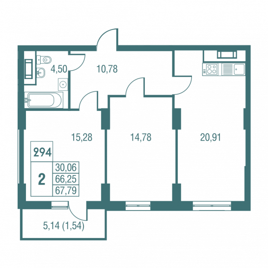 Двухкомнатная квартира 68 м²