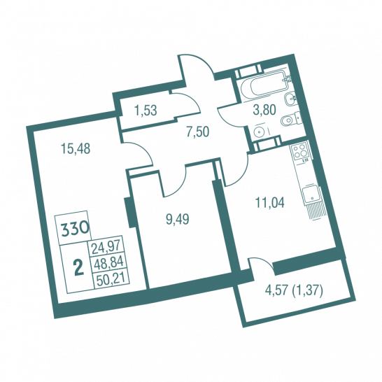 Двухкомнатная квартира 50.21 м²