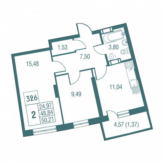 Двухкомнатная квартира 50.21 м²