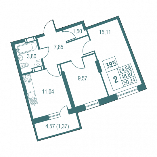 Двухкомнатная квартира 50.24 м²