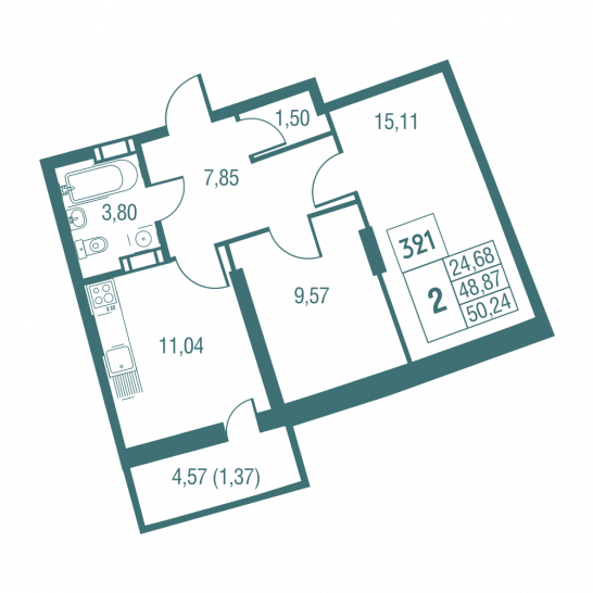 Двухкомнатная квартира 50.24 м²