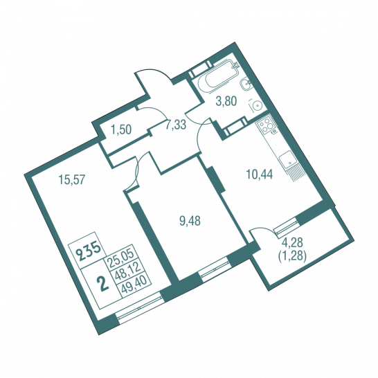 Двухкомнатная квартира 49.4 м²
