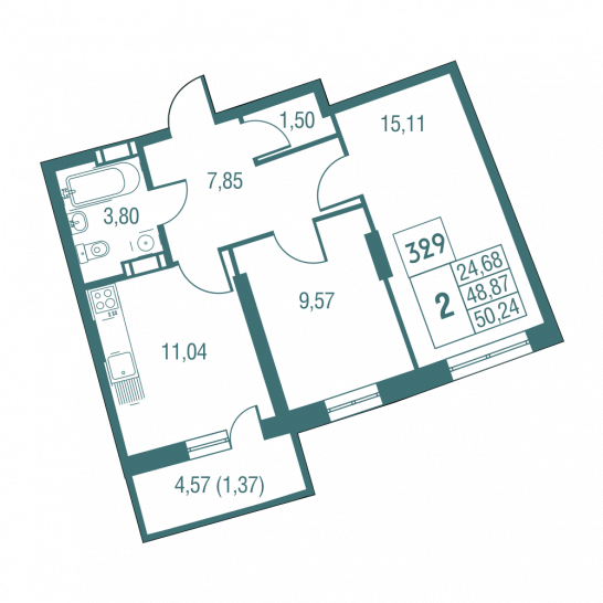 Двухкомнатная квартира 50.24 м²