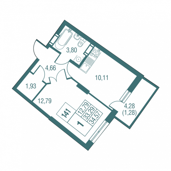 Однокомнатная квартира 34.57 м²