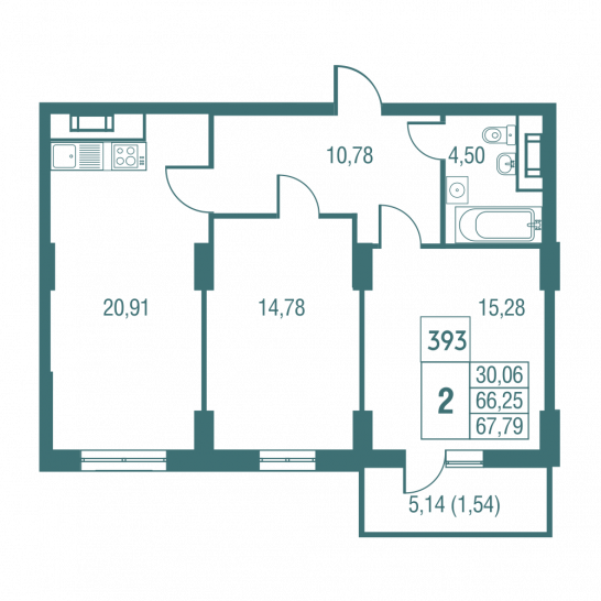 Двухкомнатная квартира 68 м²