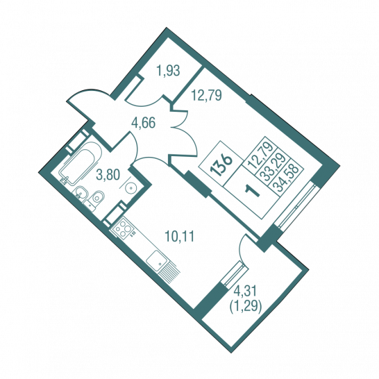 Однокомнатная квартира 34.58 м²
