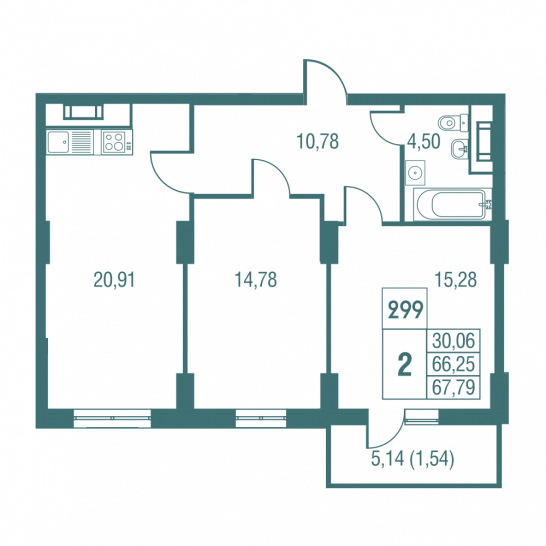 Двухкомнатная квартира 67.5 м²