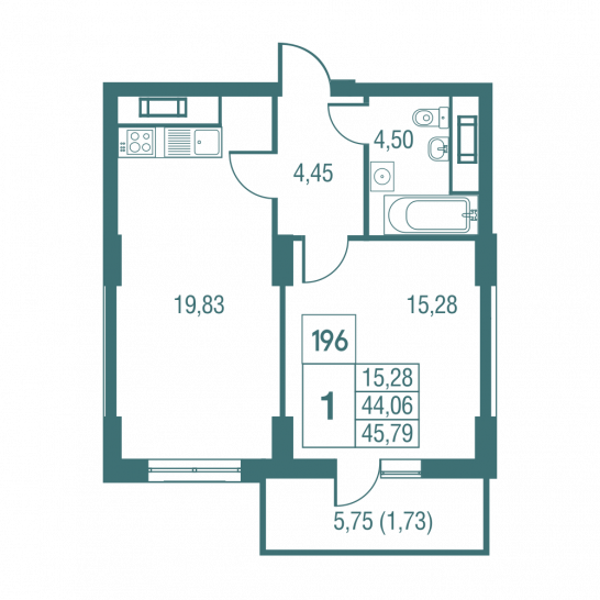 Однокомнатная квартира 46 м²