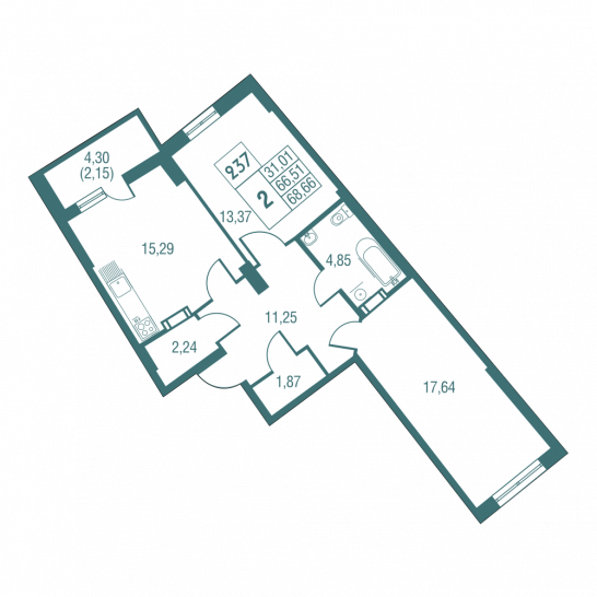 Двухкомнатная квартира 68.66 м²