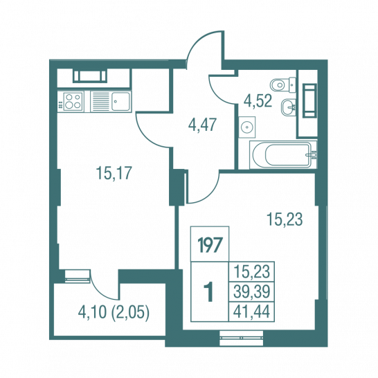 Однокомнатная квартира 41.5 м²