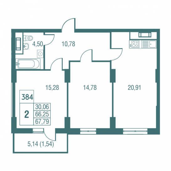 Двухкомнатная квартира 68 м²