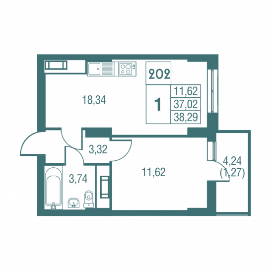 Однокомнатная квартира 38.2 м²
